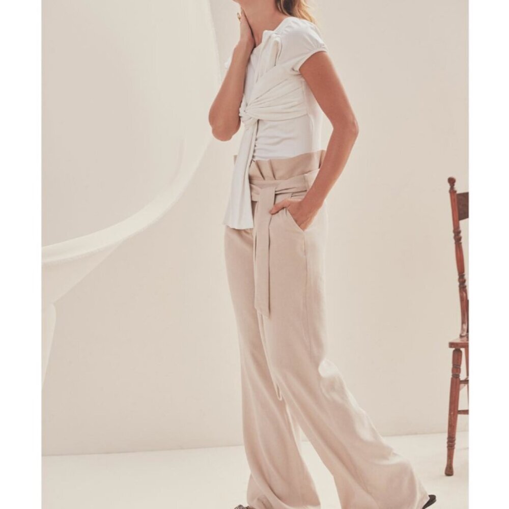 Padova Linen High Waist Paperbag Pleated Wide-Leg Pants in Beige Size 8 - Picture 2 of 10